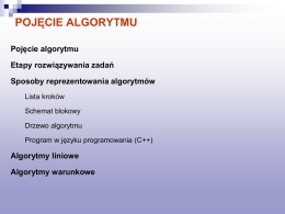 POJĘCIE ALGORYTMU Pojęcie algorytmu Etapy rozwiązywania zadań Sposoby reprezentowania algorytmów Lista kroków Schemat blokowy Drzewo algorytmu  Program w języku programowania (C++)  Algorytmy liniowe Algorytmy warunkowe   POJĘCIE ALGORYTMU Algorytm jest to precyzyjny.
