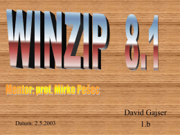 Datum: 2.5.2003  David Gajser 1.b   Kazalo • • • • • • •  Nekaj o proizvajalcu Najnovejša verzija Namen Namestitev Uporaba Prednosti in slabosti Gradivo Naslovna stran   Nekaj o proizvajalcu • WinZip je izdelalo podjetje WinZip Computing, Inc • Njihova spletna stran.