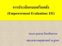 การประเมินแบบเสริมพลัง (Empowerment Evaluation: EE)  รศ.ดร.กุหลาบ รัตนสั จธรรม คณะสาธารณสุ ขศาสตร์ ม.บูรพา กิจกรรมของแต่ ละพืน้ ที่ บริบทจริงในพืน้ ที่ วัตถุประสงค์  กิจกรรม 1  กิจกรรม 2  กิจกรรม 3  กิจกรรม…  โครงการ  ผลลัพธ์ / เป้ าหมาย  เปิ ดช่ องทางให้ มีการประเมินตนเองตามความจริง กระบวนการ ประเมินเพือ่ เสริมพลัง  เสริมพลังเพือ่ ปรับกลยุทธ์