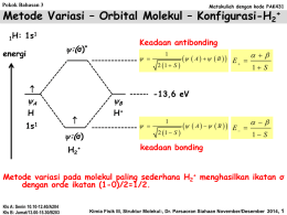 Pokok Bahasan 3  Matakuliah dengan kode PAK431  Metode Variasi – Orbital Molekul – Konfigurasi-H2+ 1H:  1s1  Keadaan antibonding  :(σ)*  energi       A H  1s1  :(σ) H2+  2 1  S     A.