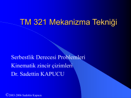 TM 321 Mekanizma Tekniği  Serbestlik Derecesi Problemleri Kinematik zincir çizimleri Dr. Sadettin KAPUCU  ©2003-2006 Sadettin Kapucu   serbestlik derecelerini hesaplayınız Uzuv Sayısı l=5 2 adet 3 elemanlı, 3 adet.
