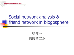 Social network analysis & friend network in blogosphere 吳邦一 樹德資工系 Social network    Node: actor (people, group, organization) Arc (edge) : social relation tie, such as.