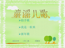 拍手歌  我是一粒米 新年歌 滨北小学  三年二班  项慧雯   你拍一,我拍一,一个小孩坐飞机 你拍二,我拍二,两个小孩打电话 你拍三,我拍三,三个小孩爬雪山 你拍四,我拍四,四个小孩写大字 你拍五,我拍五,五个小孩跳跳舞 你拍六,我拍六,六个小孩吃牛肉 你拍七,我拍七,七个小孩刷油漆 你拍八,我拍八,八个小孩吹喇叭 你拍九,我拍九,九个小孩喝醉酒 你拍十,我拍十,十个小孩不许动   我是一粒米，别把我看不起 一粒一粒呀，来得不容易 农民伯伯早起晚睡，每天种田地 一粒一粒米呀，来得不容易 小小一粒米，别把我看不起 一粒一粒米呀，才能做成饭 小朋友呀要爱惜呀，吃饭要注意 一粒一粒米呀，我们要爱惜   新年唱的新年歌,新年唱歌多快乐, 哥哥唱歌妹妹听,弟弟唱歌妹妹和, 你打鼓,我敲锣,打鼓敲锣好唱歌, 大家同唱新年歌. (敲锣又等好唱歌,新年歌儿大家唱) 新年唱歌新年好,事事如意又吉祥, 商家买卖真兴旺,农家年年收成好, 国富强,民安康, 新年歌儿大家唱,新年歌儿大家唱。  新 年 歌 拍手歌  我是一粒米 新年歌 滨北小学  三年二班  项慧雯   你拍一,我拍一,一个小孩坐飞机 你拍二,我拍二,两个小孩打电话 你拍三,我拍三,三个小孩爬雪山 你拍四,我拍四,四个小孩写大字 你拍五,我拍五,五个小孩跳跳舞 你拍六,我拍六,六个小孩吃牛肉 你拍七,我拍七,七个小孩刷油漆 你拍八,我拍八,八个小孩吹喇叭 你拍九,我拍九,九个小孩喝醉酒 你拍十,我拍十,十个小孩不许动   我是一粒米，别把我看不起 一粒一粒呀，来得不容易 农民伯伯早起晚睡，每天种田地 一粒一粒米呀，来得不容易 小小一粒米，别把我看不起 一粒一粒米呀，才能做成饭 小朋友呀要爱惜呀，吃饭要注意 一粒一粒米呀，我们要爱惜   新年唱的新年歌,新年唱歌多快乐, 哥哥唱歌妹妹听,弟弟唱歌妹妹和, 你打鼓,我敲锣,打鼓敲锣好唱歌, 大家同唱新年歌. (敲锣又等好唱歌,新年歌儿大家唱) 新年唱歌新年好,事事如意又吉祥, 商家买卖真兴旺,农家年年收成好, 国富强,民安康, 新年歌儿大家唱,新年歌儿大家唱。  新 年 歌 拍手歌  我是一粒米 新年歌 滨北小学  三年二班  项慧雯   你拍一,我拍一,一个小孩坐飞机 你拍二,我拍二,两个小孩打电话 你拍三,我拍三,三个小孩爬雪山 你拍四,我拍四,四个小孩写大字 你拍五,我拍五,五个小孩跳跳舞 你拍六,我拍六,六个小孩吃牛肉 你拍七,我拍七,七个小孩刷油漆 你拍八,我拍八,八个小孩吹喇叭 你拍九,我拍九,九个小孩喝醉酒 你拍十,我拍十,十个小孩不许动   我是一粒米，别把我看不起 一粒一粒呀，来得不容易 农民伯伯早起晚睡，每天种田地 一粒一粒米呀，来得不容易 小小一粒米，别把我看不起 一粒一粒米呀，才能做成饭 小朋友呀要爱惜呀，吃饭要注意 一粒一粒米呀，我们要爱惜   新年唱的新年歌,新年唱歌多快乐, 哥哥唱歌妹妹听,弟弟唱歌妹妹和, 你打鼓,我敲锣,打鼓敲锣好唱歌, 大家同唱新年歌. (敲锣又等好唱歌,新年歌儿大家唱) 新年唱歌新年好,事事如意又吉祥, 商家买卖真兴旺,农家年年收成好, 国富强,民安康, 新年歌儿大家唱,新年歌儿大家唱。  新 年 歌 拍手歌  我是一粒米 新年歌 滨北小学  三年二班  项慧雯   你拍一,我拍一,一个小孩坐飞机 你拍二,我拍二,两个小孩打电话 你拍三,我拍三,三个小孩爬雪山 你拍四,我拍四,四个小孩写大字 你拍五,我拍五,五个小孩跳跳舞 你拍六,我拍六,六个小孩吃牛肉 你拍七,我拍七,七个小孩刷油漆 你拍八,我拍八,八个小孩吹喇叭 你拍九,我拍九,九个小孩喝醉酒 你拍十,我拍十,十个小孩不许动   我是一粒米，别把我看不起 一粒一粒呀，来得不容易 农民伯伯早起晚睡，每天种田地 一粒一粒米呀，来得不容易 小小一粒米，别把我看不起 一粒一粒米呀，才能做成饭 小朋友呀要爱惜呀，吃饭要注意 一粒一粒米呀，我们要爱惜   新年唱的新年歌,新年唱歌多快乐, 哥哥唱歌妹妹听,弟弟唱歌妹妹和, 你打鼓,我敲锣,打鼓敲锣好唱歌, 大家同唱新年歌. (敲锣又等好唱歌,新年歌儿大家唱) 新年唱歌新年好,事事如意又吉祥, 商家买卖真兴旺,农家年年收成好, 国富强,民安康, 新年歌儿大家唱,新年歌儿大家唱。  新 年 歌 拍手歌  我是一粒米 新年歌 滨北小学  三年二班  项慧雯   你拍一,我拍一,一个小孩坐飞机 你拍二,我拍二,两个小孩打电话 你拍三,我拍三,三个小孩爬雪山 你拍四,我拍四,四个小孩写大字 你拍五,我拍五,五个小孩跳跳舞 你拍六,我拍六,六个小孩吃牛肉 你拍七,我拍七,七个小孩刷油漆 你拍八,我拍八,八个小孩吹喇叭 你拍九,我拍九,九个小孩喝醉酒 你拍十,我拍十,十个小孩不许动   我是一粒米，别把我看不起 一粒一粒呀，来得不容易 农民伯伯早起晚睡，每天种田地 一粒一粒米呀，来得不容易 小小一粒米，别把我看不起 一粒一粒米呀，才能做成饭 小朋友呀要爱惜呀，吃饭要注意 一粒一粒米呀，我们要爱惜   新年唱的新年歌,新年唱歌多快乐, 哥哥唱歌妹妹听,弟弟唱歌妹妹和, 你打鼓,我敲锣,打鼓敲锣好唱歌, 大家同唱新年歌. (敲锣又等好唱歌,新年歌儿大家唱) 新年唱歌新年好,事事如意又吉祥, 商家买卖真兴旺,农家年年收成好, 国富强,民安康, 新年歌儿大家唱,新年歌儿大家唱。  新 年 歌.