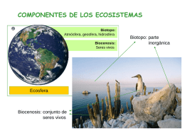 COMPONENTES DE LOS ECOSISTEMAS Biotopo: Atmósfera, geosfera, hidrosfera Biocenosis: Seres vivos  Ecosfera  Biocenosis: conjunto de seres vivos  Biotopo: parte inorgánica.