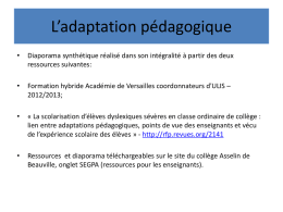 L’adaptation pédagogique •  Diaporama synthétique réalisé dans son intégralité à partir des deux ressources suivantes:  •  Formation hybride Académie de Versailles coordonnateurs d'ULIS – 2012/2013;  •  « La.