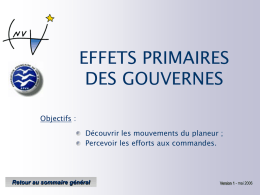 EFFETS PRIMAIRES DES GOUVERNES Objectifs : Découvrir les mouvements du planeur ; Percevoir les efforts aux commandes.  Retour au sommaire général  Version 1 - mai 2006   EFFETS.