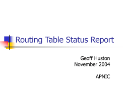 Routing Table Status Report Geoff Huston November 2004 APNIC IPv4 Routing Table Size  Data assembled from a variety of sources, Including Surfnet, Telstra, KPN and Route Views. Each.