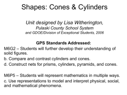 Shapes: Cones & Cylinders Unit designed by Lisa Witherington, Pulaski County School System and GDOE/Division of Exceptional Students, 2006  GPS Standards Addressed: M6G2 – Students.