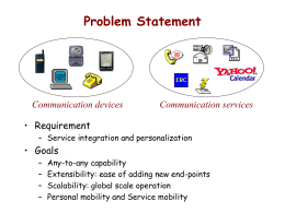 Problem Statement  Communication devices  Communication services  • Requirement – Service integration and personalization  • Goals – – – –  Any-to-any capability Extensibility: ease of adding new end-points Scalability: global scale operation Personal mobility.