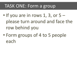 TASK ONE: Form a group • If you are in rows 1, 3, or 5 – please turn around and face the row.
