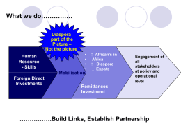 What we do…………… Diaspora part of the Picture – Not the picture Human Resource - Skills  • • • •    African’s in Africa   Diaspora ↓ Expats  Mobilisation Foreign Direct Investments  Engagement of all stakeholders at policy and operational level  Remittances Investment  …………….Build Links, Establish Partnership.