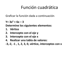 Función cuadrática Graficar la función dada a continuación: Y= 3x2 + 6x – 3 Determine los siguientes elementos: 1.