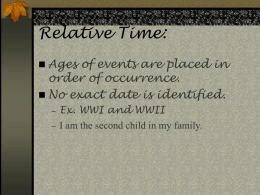 Relative Time:  Ages of events are placed in  order of occurrence.  No exact date is identified.   Ex.