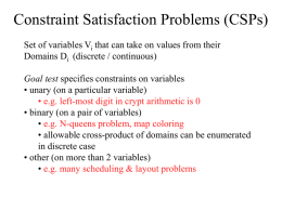 Constraint Satisfaction Problems (CSPs) Set of variables Vi that can take on values from their Domains Di (discrete / continuous) Goal test specifies.