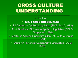 CROSS CULTURE UNDERSTANDING  Lecturer  DR. I Gede Budasi, M.Ed.  S1 Degree in Applied Linguistics (FKG UNUD,1983)  Post Graduate Diploma in Applied.