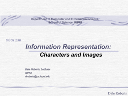 Department of Computer and Information Science, School of Science, IUPUI  CSCI 230  Information Representation: Characters and Images Dale Roberts, Lecturer IUPUI droberts@cs.iupui.edu  Dale Roberts.
