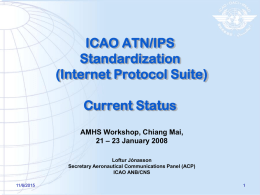 ICAO ATN/IPS Standardization (Internet Protocol Suite) Current Status AMHS Workshop, Chiang Mai, 21 – 23 January 2008 Loftur Jónasson Secretary Aeronautical Communications Panel (ACP) ICAO ANB/CNS 11/6/2015