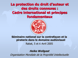 La protection du droit d’auteur et des droits connexes : Cadre international et principes fondamentaux  Séminaire national sur la contrefaçon et la piraterie dans le.