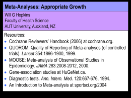 Meta-Analyses: Appropriate Growth Will G Hopkins Faculty of Health Science AUT University, Auckland, NZ  Resources:  Cochrane Reviewers’ Handbook (2006) at cochrane.org.  QUOROM: Quality of.