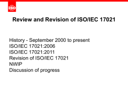 Review and Revision of ISO/IEC 17021  History - September 2000 to present ISO/IEC 17021:2006 ISO/IEC 17021:2011 Revision of ISO/IEC 17021 NWIP Discussion of progress.