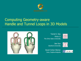 Computing Geometry-aware Handle and Tunnel Loops in 3D Models Tamal K. Dey Kuiyu Li The Ohio State University  Jian Sun Stanford University  David Cohen-Steiner Inria, Sophia-Antipolis.