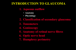INTRODUCTION TO GLAUCOMA 1. Aqueous outflow • Anatomy • Physiology  2. 3. 4. 5. 6. 7.  Classification of secondary glaucoma Tonometers Gonioscopy Anatomy of retinal nerve fibres Optic nerve head Humphrey perimetry.