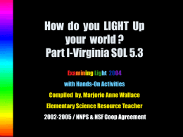 How do you LIGHT Up your world ? Part I-Virginia SOL 5.3 Examining Light 2004 with Hands-On Activities Compiled by, Marjorie Anne Wallace Elementary Science Resource.