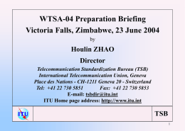 WTSA-04 Preparation Briefing Victoria Falls, Zimbabwe, 23 June 2004 by  Houlin ZHAO Director Telecommunication Standardization Bureau (TSB) International Telecommunication Union, Geneva Place des Nations - CH-1211 Geneva.