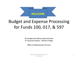 WELCOME  Budget and Expense Processing for Funds 100, 017, & 597 By: Douglas Alan Masury/Queenie Chan Sr.