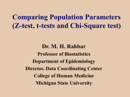 Comparing Population Parameters (Z-test, t-tests and Chi-Square test) Dr. M. H. Rahbar Professor of Biostatistics Department of Epidemiology Director, Data Coordinating Center College of Human Medicine Michigan.
