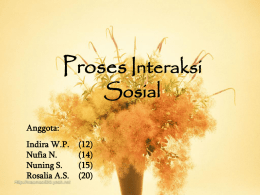 Proses Interaksi Sosial  Anggota:  Indira W.P. Nufia N. Nuning S. Rosalia A.S.  (12) (14) (15) (20) Sumber-sumber proses sosial adalah beberapa faktor yang menyebabkan terjadinya proses sosial dalam kegiatan bermasyarakat itu sendiri. Proses.
