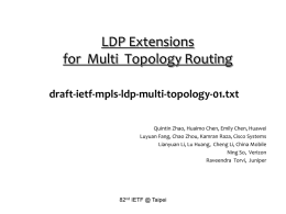 LDP Extensions for Multi Topology Routing draft-ietf-mpls-ldp-multi-topology-01.txt Quintin Zhao, Huaimo Chen, Emily Chen, Huawei Luyuan Fang, Chao Zhou, Kamran Raza, Cisco Systems Lianyuan Li, Lu.