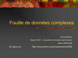Fouille de données complexes Karine Zeitouni Master COSY – Université de Versailles Saint-Quentin  Edition 2005-2006  En ligne sur :  http://www.prism.uvsq.fr/users/karima/DM.