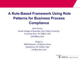 A Rule-Based Framework Using Role Patterns for Business Process Compliance Akhil Kumar Smeal College of Business, Penn State University, University Park, PA 16802, USA (akhil@psu.edu) Rong Liu IBM.