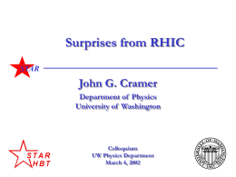 Surprises from RHIC STAR  John G. Cramer Department of Physics University of Washington  Colloquium UW Physics Department March 4, 2002