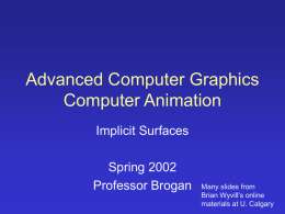 Advanced Computer Graphics Computer Animation Implicit Surfaces Spring 2002 Professor Brogan  Many slides from Brian Wyvill’s online materials at U.