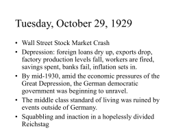 Tuesday, October 29, 1929 • Wall Street Stock Market Crash • Depression: foreign loans dry up, exports drop, factory production levels fall, workers.