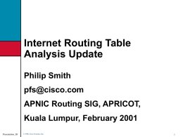 Internet Routing Table Analysis Update Philip Smith pfs@cisco.com APNIC Routing SIG, APRICOT, Kuala Lumpur, February 2001 Presentation_ID  © 1998, Cisco Systems, Inc.