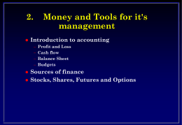 2.   Money and Tools for it's management  Introduction to accounting – – – –     Profit and Loss Cash flow Balance Sheet Budgets  Sources of finance Stocks, Shares, Futures and Options.