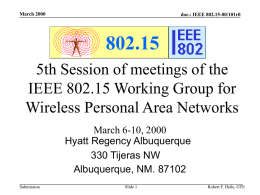 March 2000  doc.: IEEE 802.15-00/101r0  802.15 5th Session of meetings of the IEEE 802.15 Working Group for Wireless Personal Area Networks March 6-10, 2000 Hyatt Regency Albuquerque 330