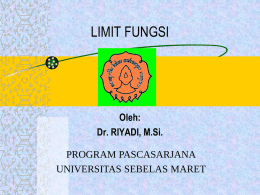 LIMIT FUNGSI  Oleh: Dr. RIYADI, M.Si. PROGRAM PASCASARJANA UNIVERSITAS SEBELAS MARET LIMIT FUNGSI Definisi (Secara Intuitif) Diketahui E  R, f: E  R fungsi dan.
