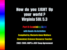 How do you LIGHT Up your world ? Virginia SOL 5.3 Part II-Examining Light with Hands-On Activities Compiled by, Marjorie Anne Wallace Elementary Science Resource Teacher 2002-2005,