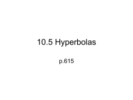 10.5 Hyperbolas p.615 Hyperbolas • Like an ellipse but instead of the sum of distances it is the difference • A hyperbola is the.