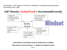 Carol Dweck - Self-Theories: Their Role in Motivation, Personality and Development, Psychology Press, 1999  Self-Theories: Entity(Fixed) v Incremental(Growth) I don’t like challenge I don’t.