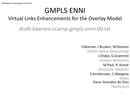 draft-beeram-ccamp-gmpls-enni-00.txt  GMPLS ENNI Virtual Links Enhancements for the Overlay Model  draft-beeram-ccamp-gmpls-enni-00.txt V.Beeram, I.Bryskin, W.Doonan [ADVA Optical Networking] J.Drake, G.Grammel [Juniper Networks] M.Paul, R.