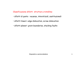 Classificazione difetti struttura cristallina: • difetti di punto : vacanze, interstiziali, sostituzionali  • difetti lineari: edge dislocation, screw dislocation • difetti planari: grain.