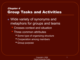 Chapter 4  Group Tasks and Activities   Wide variety of synonyms and metaphors for groups and teams  • Crosses context and situation • Three common attributes  •