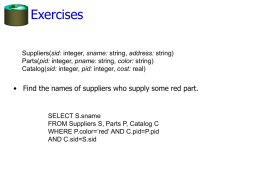 Exercises Suppliers(sid: integer, sname: string, address: string) Parts(pid: integer, pname: string, color: string) Catalog(sid: integer, pid: integer, cost: real)  • Find the names of.