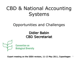 CBD & National Accounting Systems Opportunities and Challenges Didier Babin CBD Secretariat  Expert meeting on the SEEA revision, 11-13 May 2011, Copenhagen.