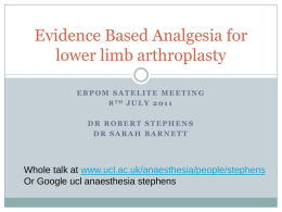 Evidence Based Analgesia for lower limb arthroplasty EBPOM SATELITE MEETING 8 TH J U L Y 2 0 1 1 DR ROBERT STEPHENS DR SARAH.